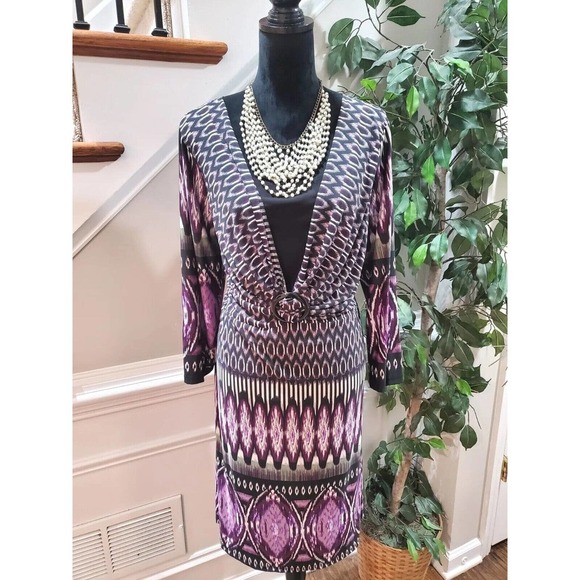 Blooming Rose Women Multicolor Polyester V-Neck Long Sleeve Knee Length Dress 1X - Picture 1 of 10